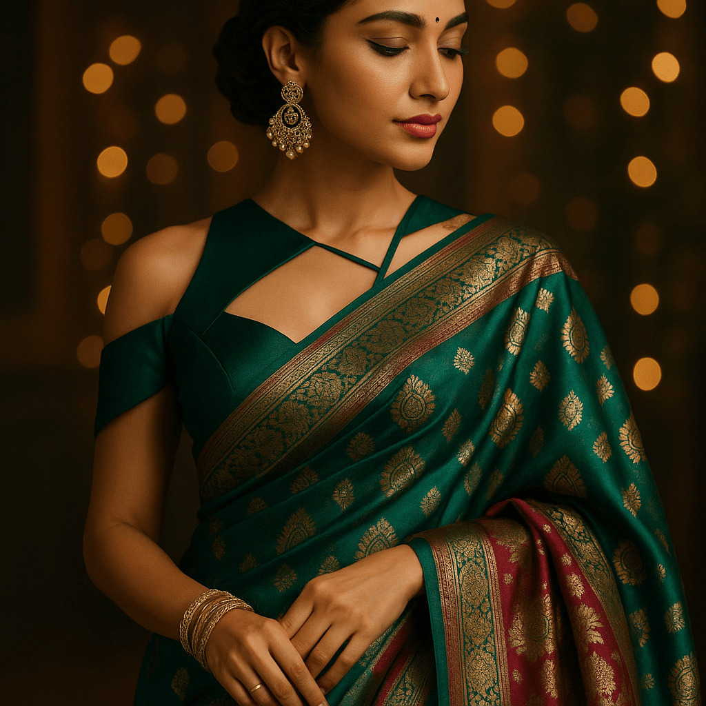 Dusshera 2025 fashion trends showcasing stylish Banarasi saree with modern blouse for festive look.