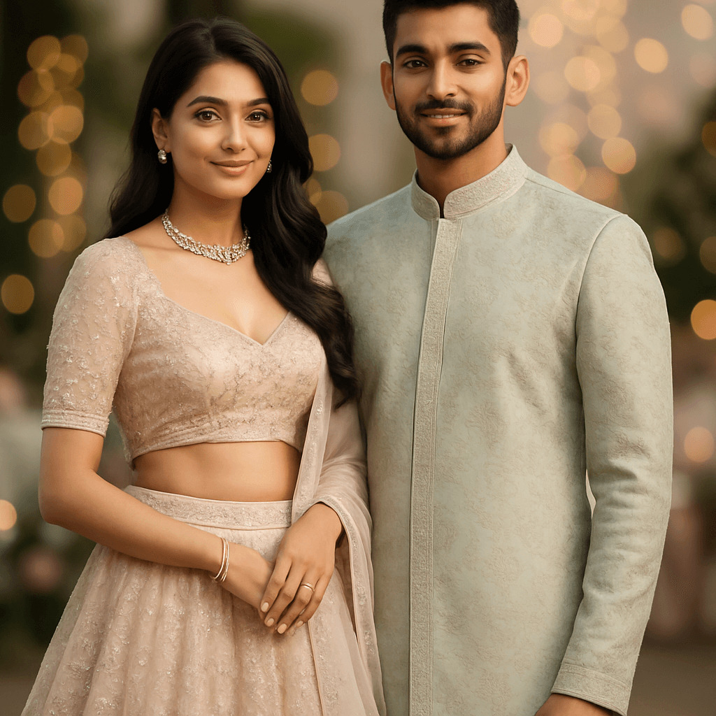 : “Dusshera 2025 couple outfit trend featuring coordinated pastel lehenga and kurta festive style.”