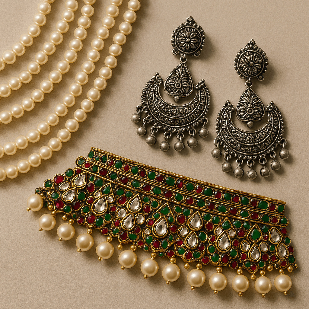 Dusshera 2025 fashion accessories featuring pearl jewelry, oxidized silver earrings, and kundan festive chokers.