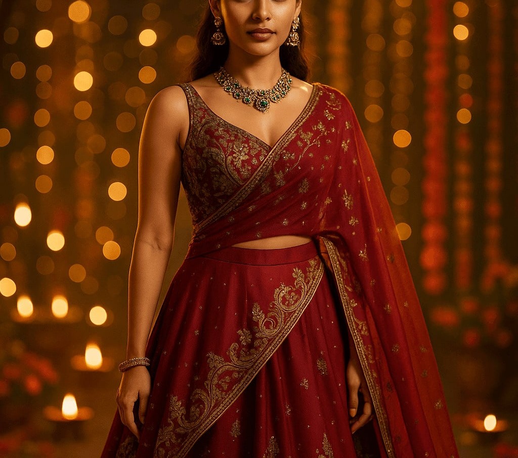 30 Days to Dusshera (2025): Modern Indian woman in asymmetric lehenga paired with cape-style dupatta celebrating Dusshera festival fashion