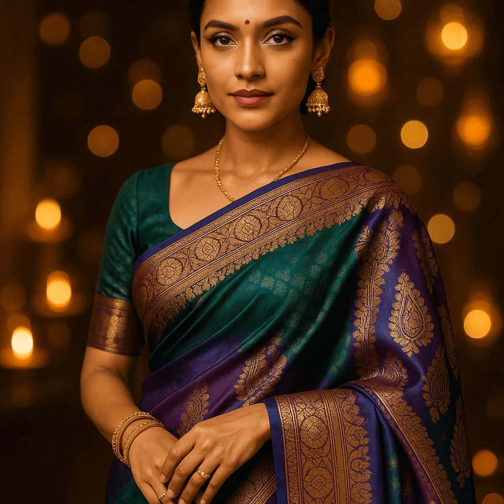 30 Days to Dusshera (2025): Elegant woman wearing traditional Indian saree with vibrant jewel tones and intricate zari embroidery for Dusshera