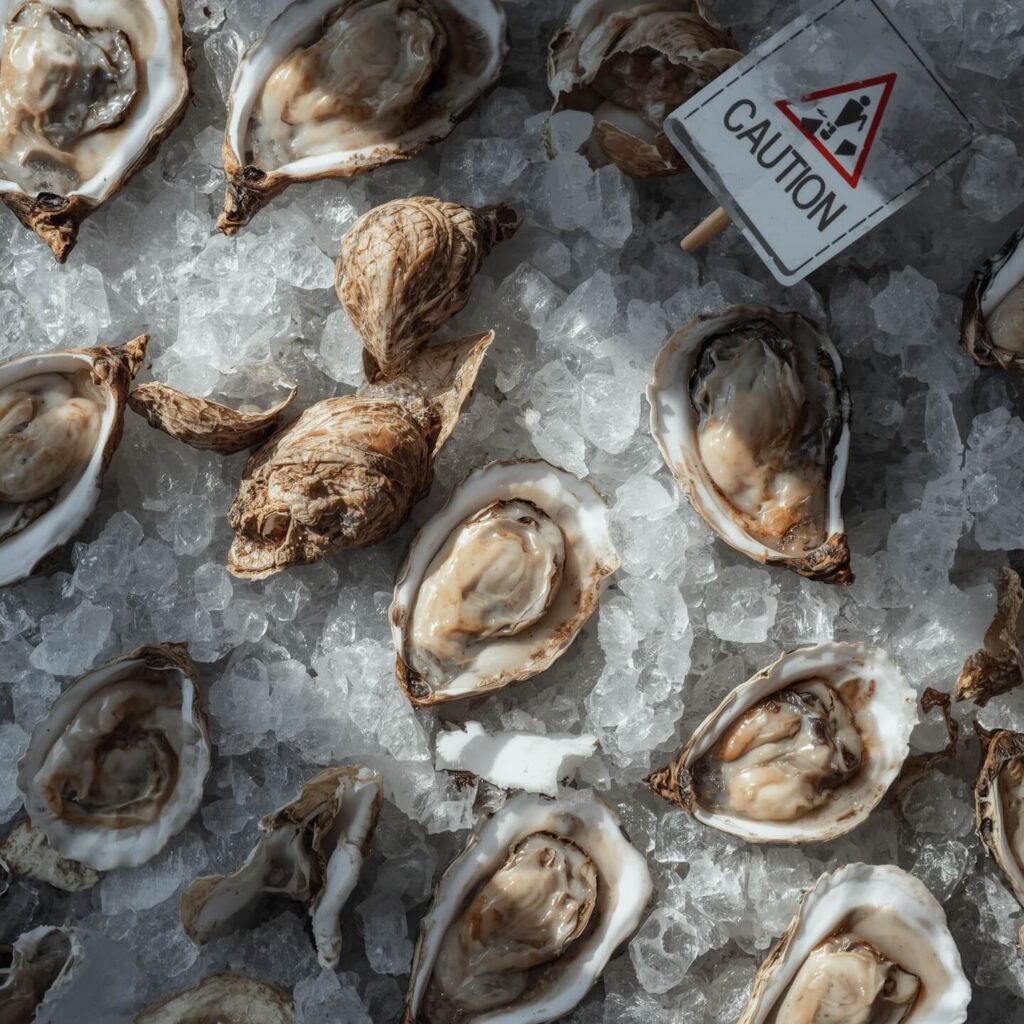 “Close-up photo of raw oysters on ice with caution signs or a health warning label overlay. Natural lighting with realistic texture