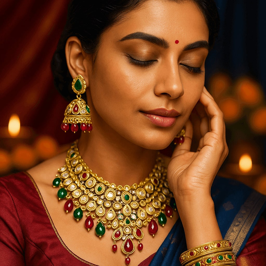 30 Days to Dusshera (2025): Elegant woman wearing traditional Indian saree with vibrant jewel tones and intricate zari embroidery for Dusshera. Showcasing vibrant statement jewelry to complement Dusshera outfits and elevate festive looks