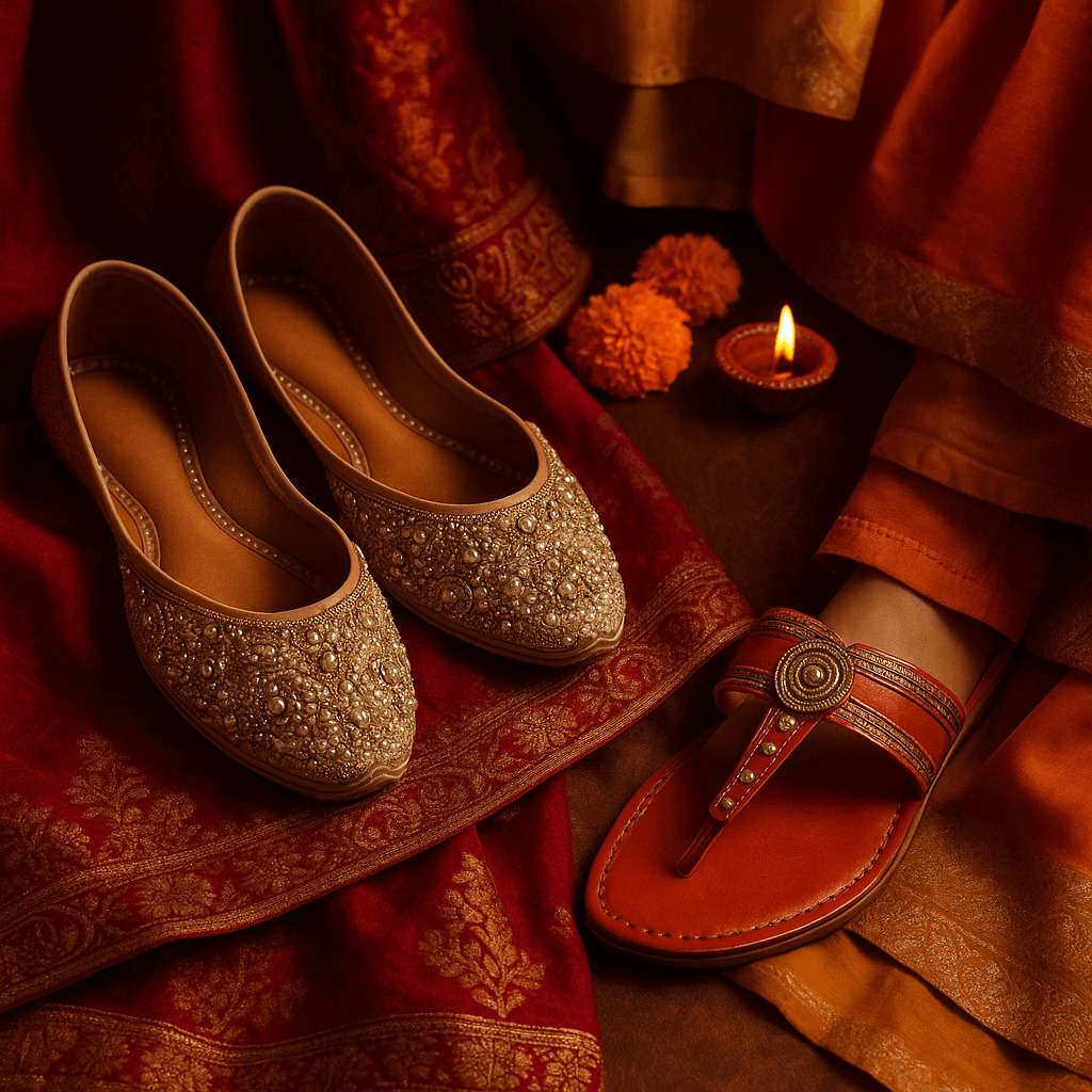 Dusshera 2025 festive footwear trends including embellished juttis and kolhapuris styled with ethnic outfits