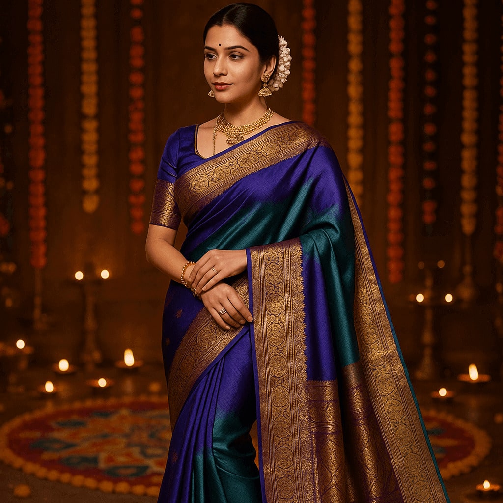 30 Days to Dusshera (2025): Elegant woman wearing kanchipuram silk sarees traditional Indian saree with vibrant jewel tones and intricate zari embroidery for Dusshera