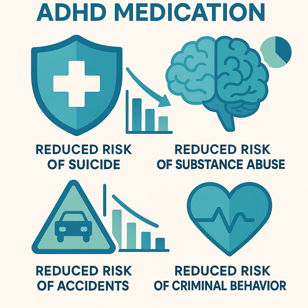 ADHD Treatment: Infographic highlighting ADHD medication benefits: reduced suicide risk, substance abuse, accidents, and criminal behavior."