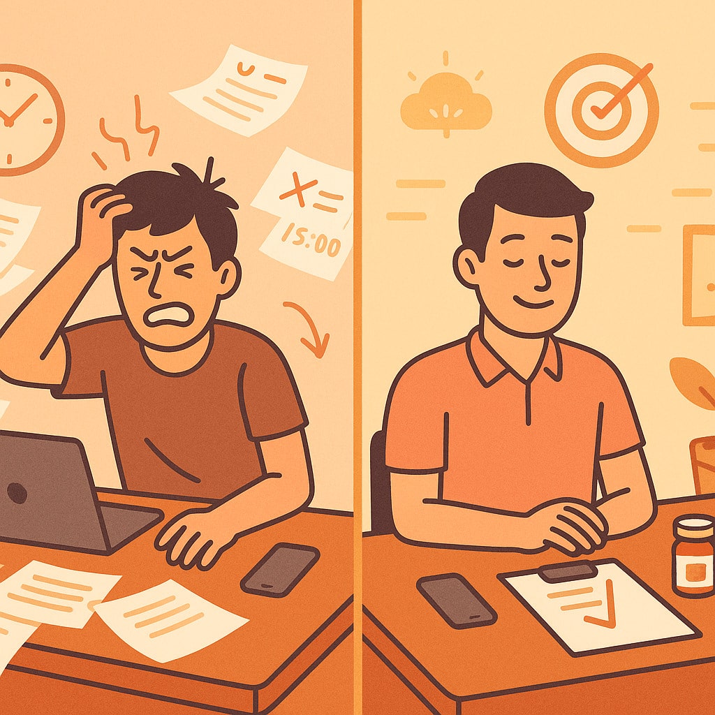 ADHD Treatment: Visual comparison of life with and without ADHD treatment, showcasing improved focus and reduced risks with medication.