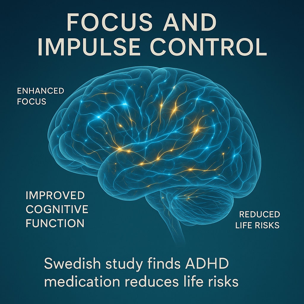 ADHD Treatment: Illustration of a brain with enhanced focus and impulse control, emphasizing ADHD medication's life-saving benefits.