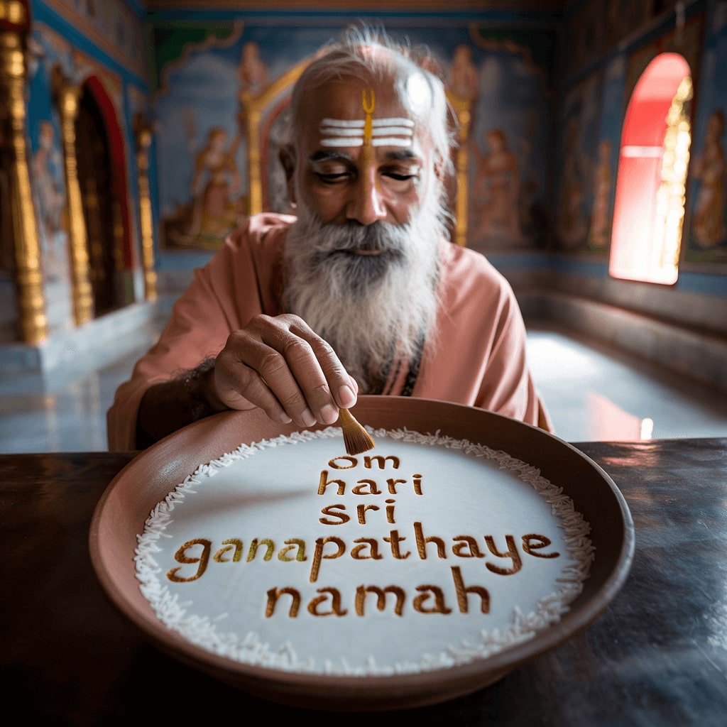 Priest writing the sacred mantra on rice plate during Vidyarambham, Kerala's traditional initiation into learning on Dussehra