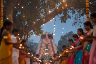 Panachikkad Saraswati Temple adorned for Vidyarambham, with families participating in the sacred initiation into learning on Dussehra