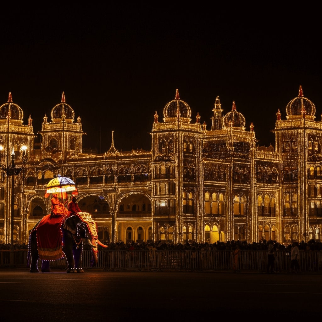 Mysore Palace illuminated during Dussehra 2025 with Jumbo Savari procession and decorated elephant
