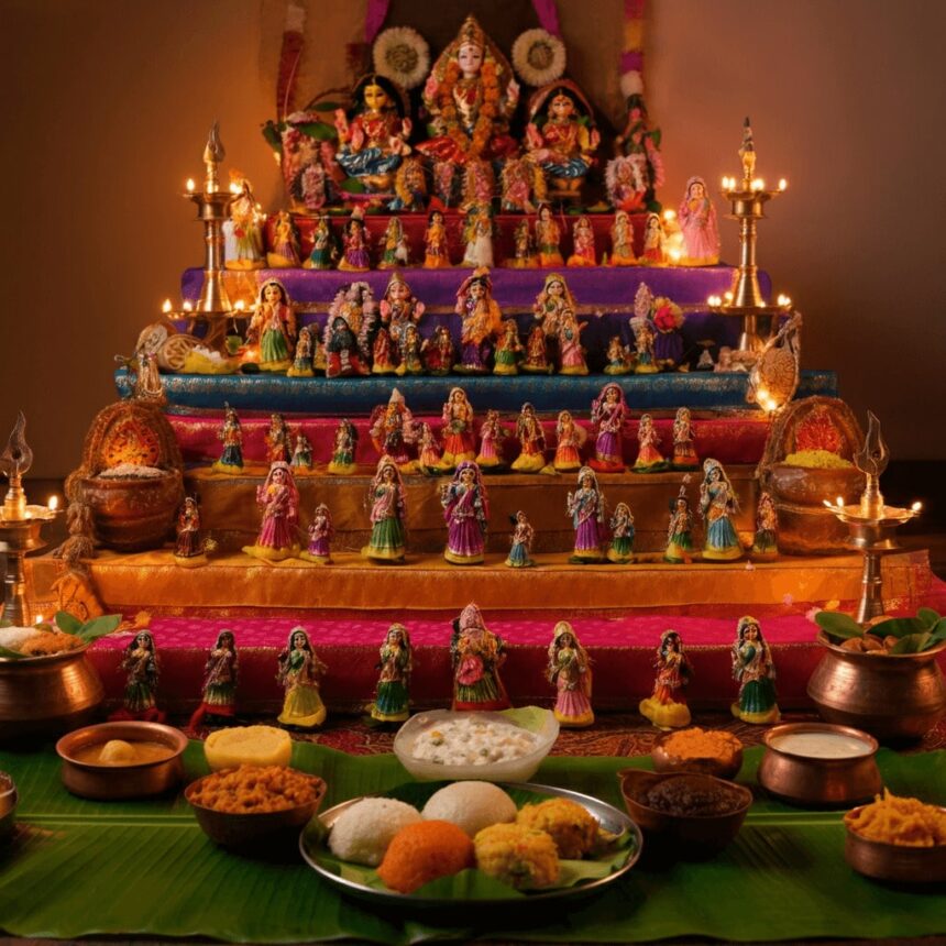 A traditional Tamil Nadu Navratri celebration scene featuring a Golu display with colorful dolls, surrounded by Naivedyam dishes like Sundal, Sweet Pongal, and Payasam.