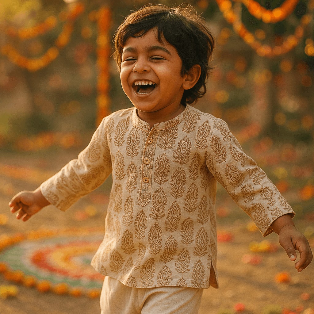 Dusshera 2025: Eco-friendly kids festive outfit in organic cotton with natural block prints for Dusshera 2025
