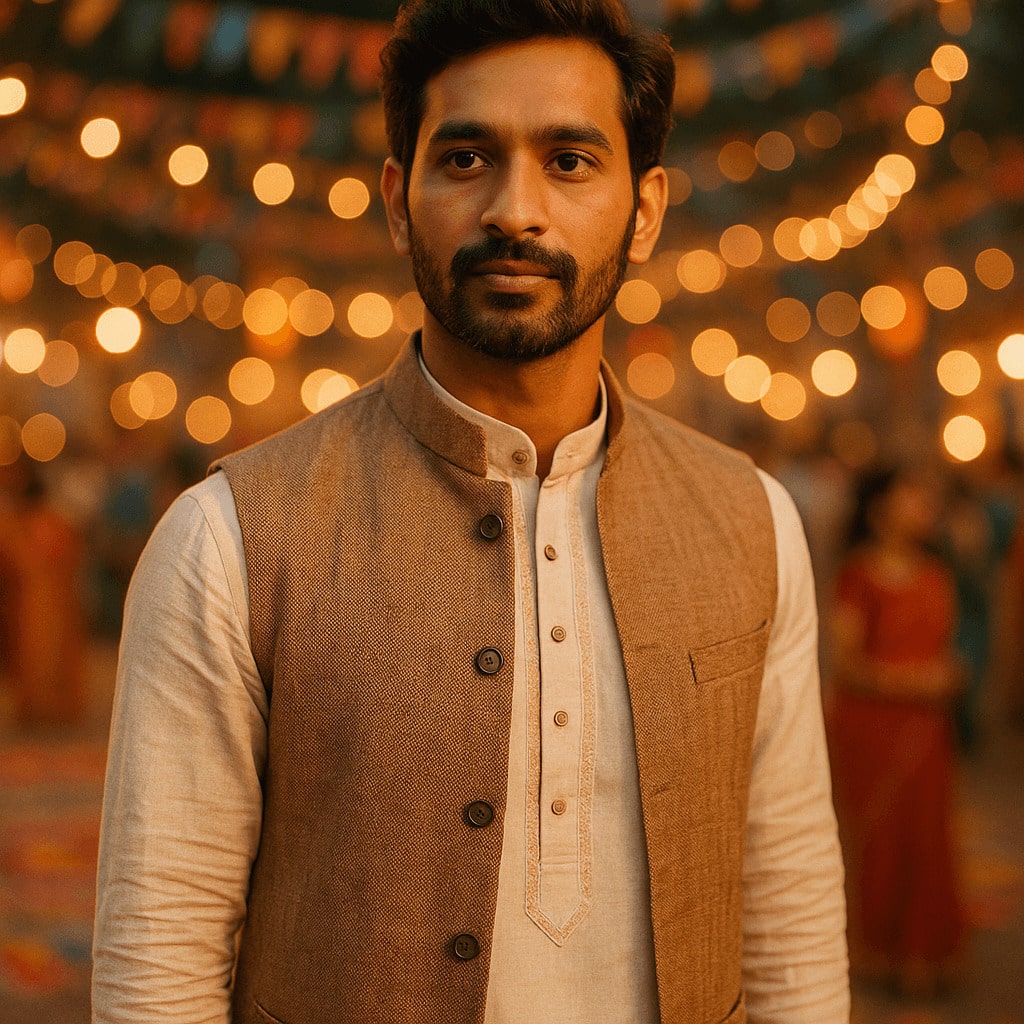 Dusshera 2025: Handwoven men’s linen kurta with upcycled Nehru jacket for sustainable Dusshera fashion 2025