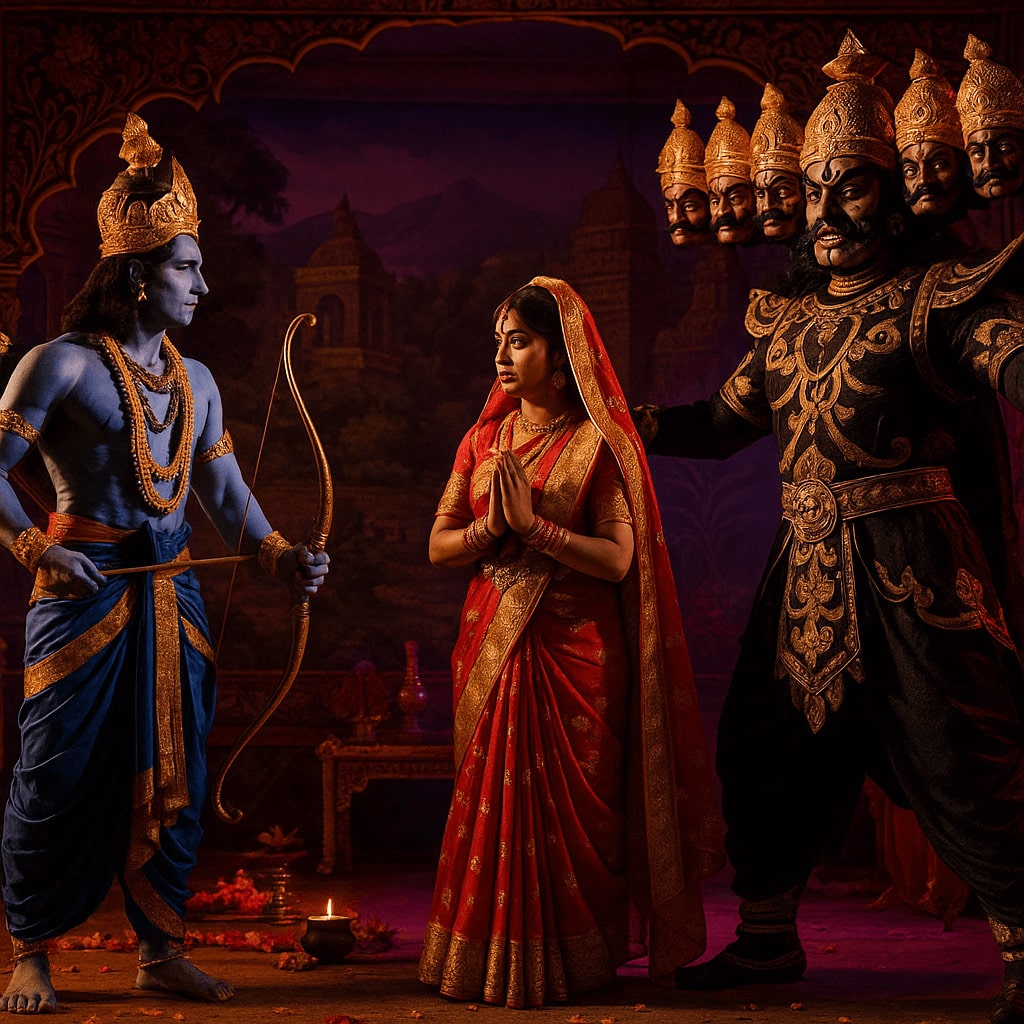 A close-up of a Ramlila actor, with intricate face paint, traditional jewelry, and a mace.