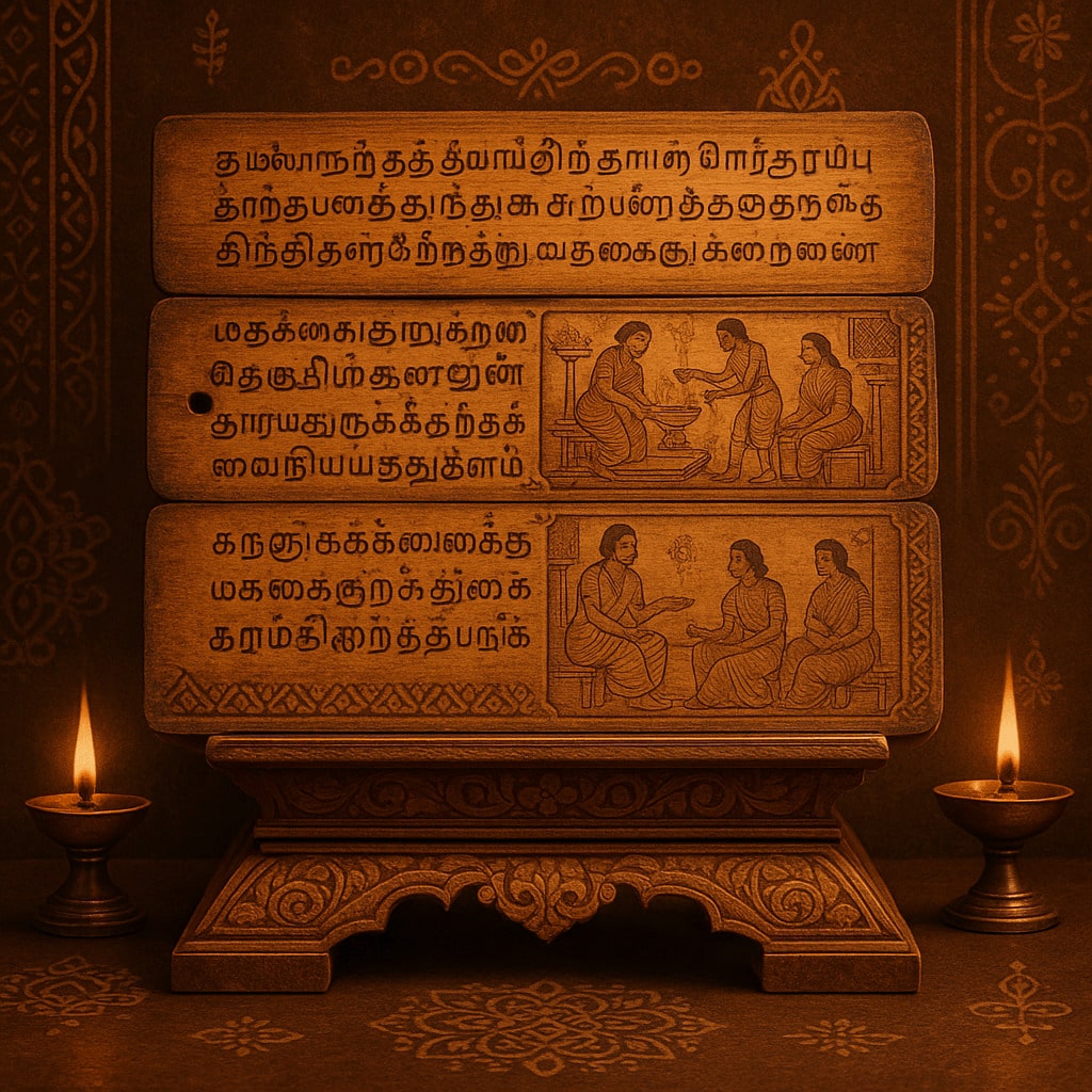 dravidian identity vs tamil identity: Tamil literature manuscript showing dharma and culture