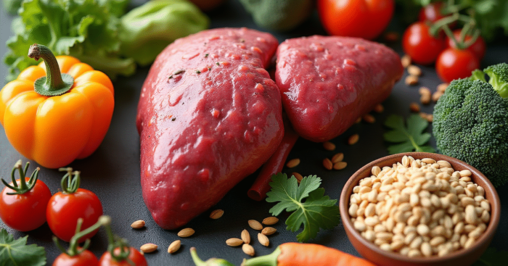 fatty infiltration of the liver: A healthy liver with minimal fat is surrounded by fresh vegetables, whole grains, and lean proteins