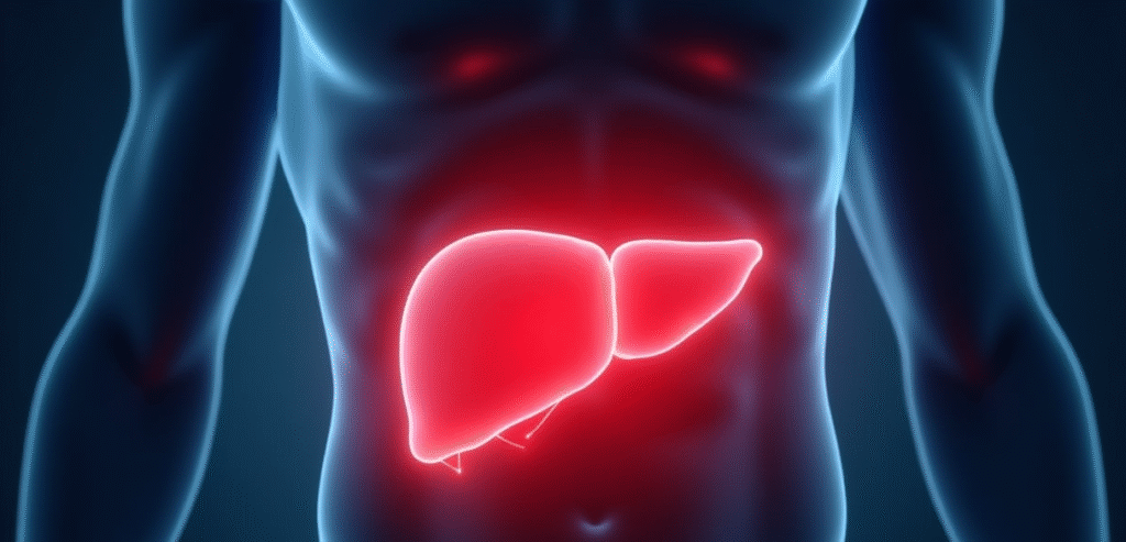 Glowing red area in upper right abdomen indicating liver enlargement and pain associated with fatty liver disease.
