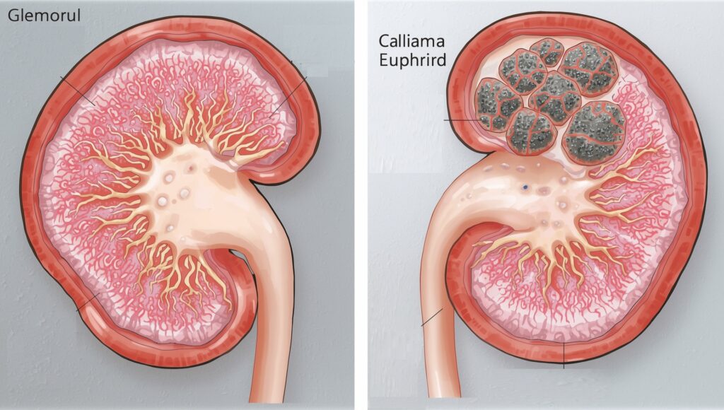 Etiology of Renal Failure: diagram highlighting glomerulonephritis and acute tubular necrosis with labeled structures.