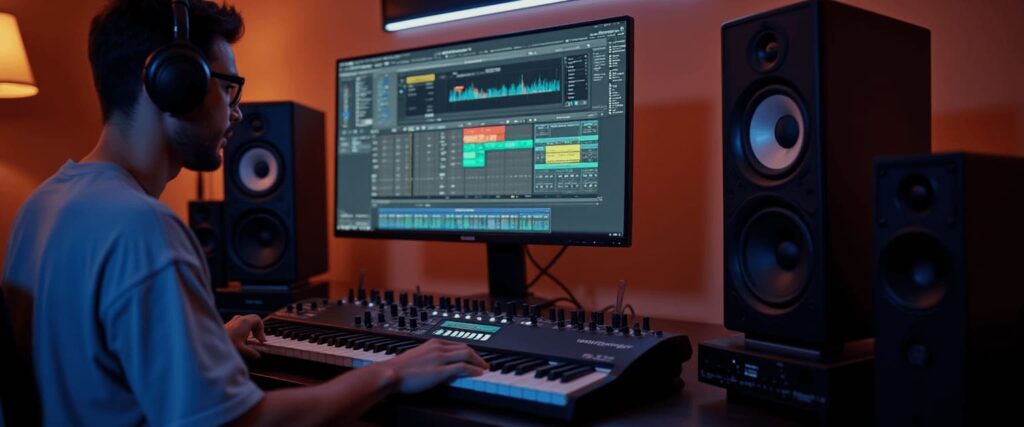 Computer monitor in a home studio showing generic DAW MIDI