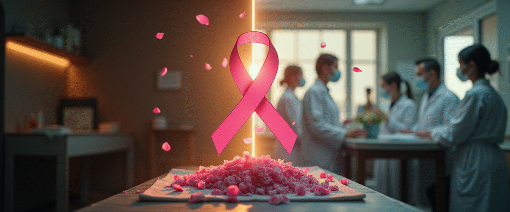 how was breast cancer treated in the 1800s: Split Image showing: left image, a 19th-century ward with simple instruments and gaslight.  Right Image showing, a contemporary oncology lab with researchers and targeted-therapy vials; a pink ribbon transitions across the center into flower petals carried by a breeze