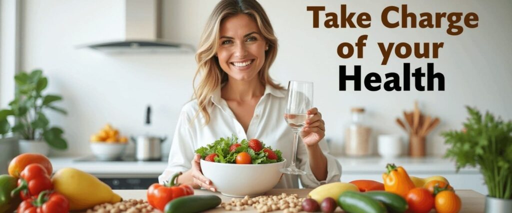 Woman holding a bowl of salad and water surrounded by PCOD friendly fruits, vegetables, nuts, and whole grains