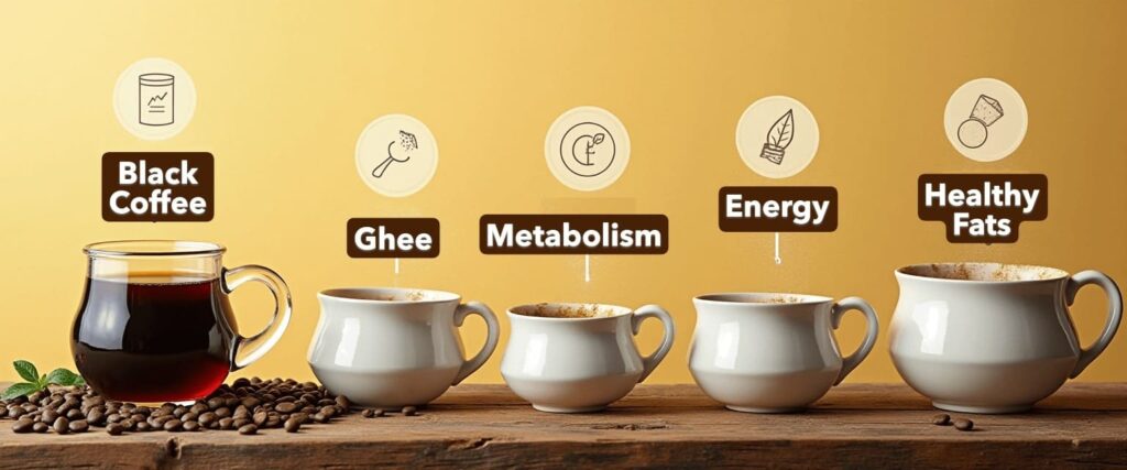 black coffee with ghee for weight loss: Black coffee and ghee ingredients arranged with metabolism and energy icons explaining weight loss science