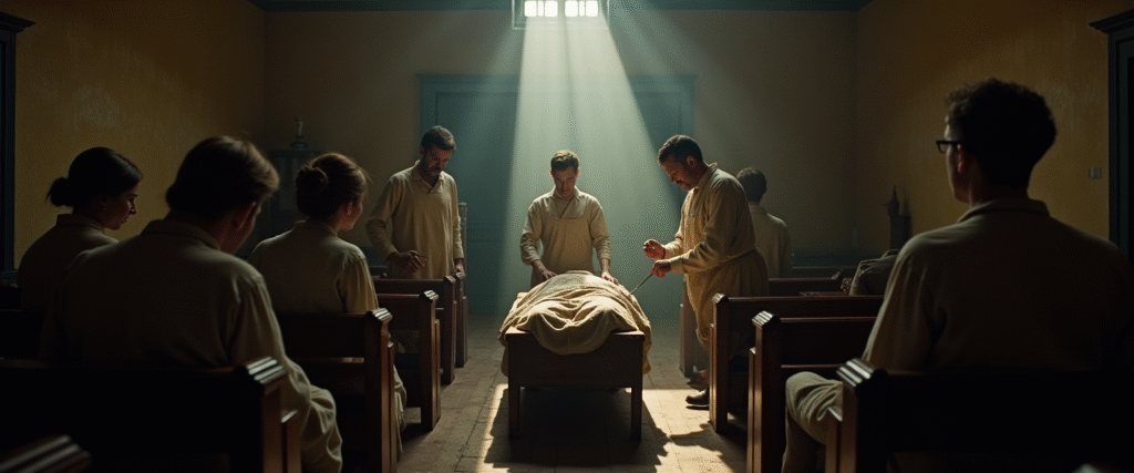 how was breast cancer treated in the 1800s: Mid-1800s operating theatre with rudimentary tools and ether mask. wooden benches of onlookers fade into shadow