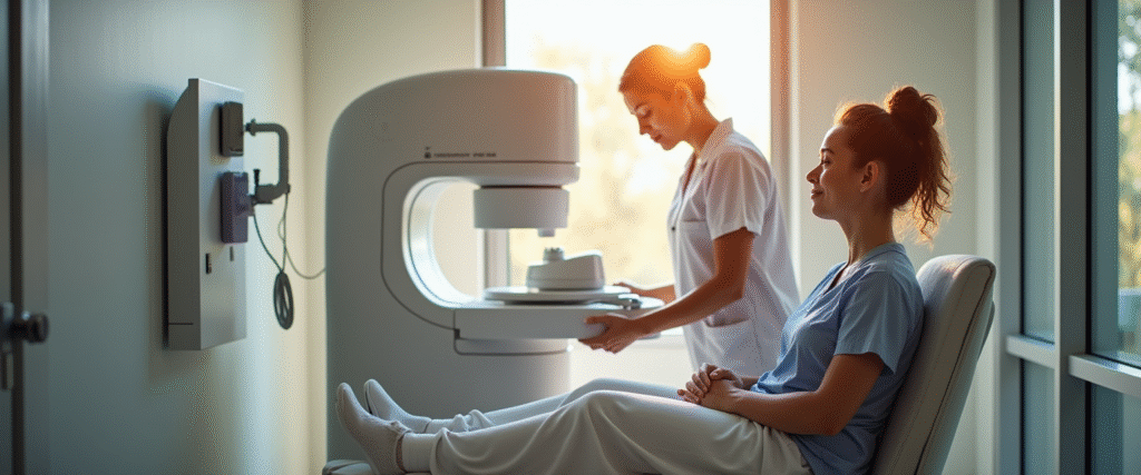 Modern breast imaging suite: a compassionate technologist positions a patient at a mammography machine