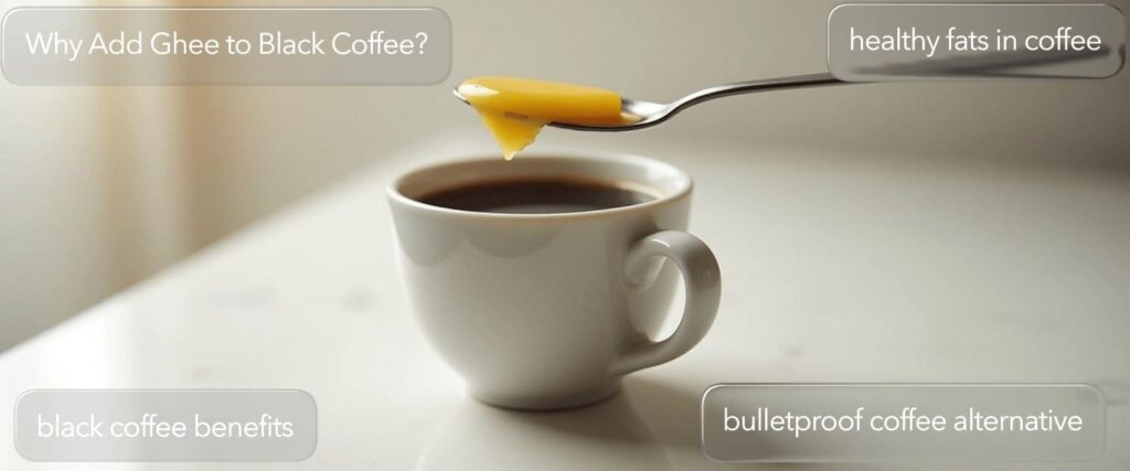 Spoonful of ghee being added to a cup of black coffee for weight loss benefits