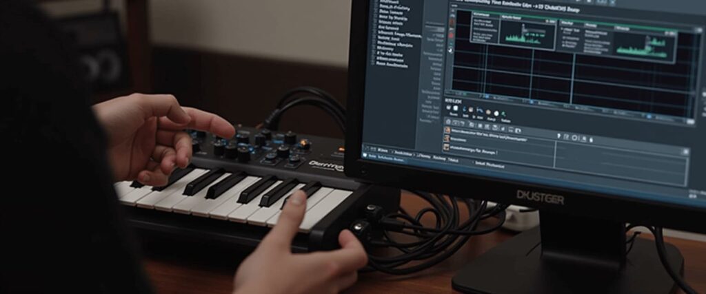 Hands connecting a MIDI cable from a full-size keyboard into the MIDI In port of a Behringer UMC204HD.