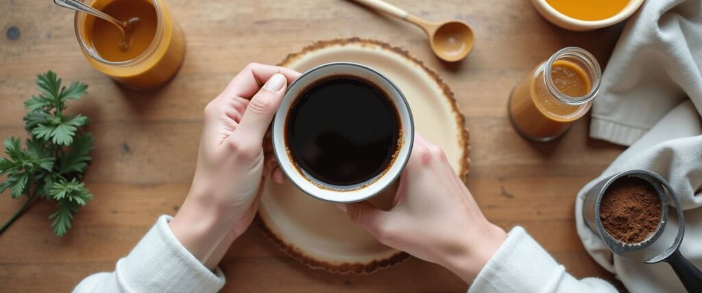 Step-by-step preparation of black coffee mixed with ghee in a natural kitchen setting