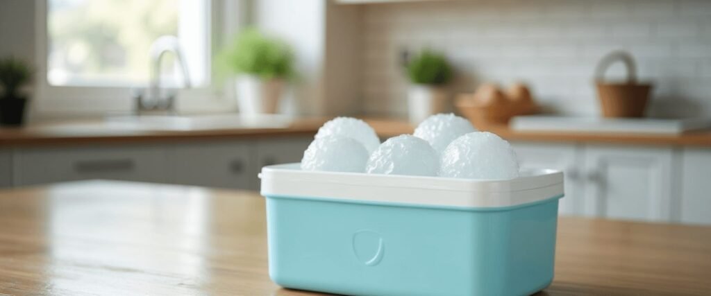 blue plastic container filled with several round, frosty ice spheres. 