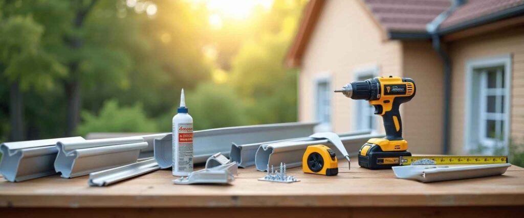 Gutter installation tools and materials laid out on an outdoor workbench.