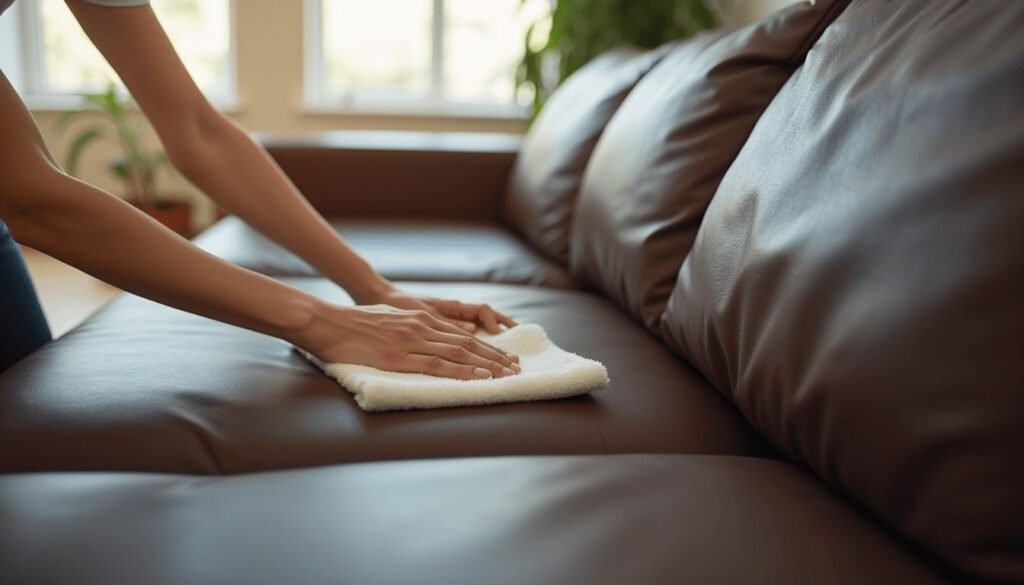 Best household cleaner for leather couch: Wiping a brown leather couch