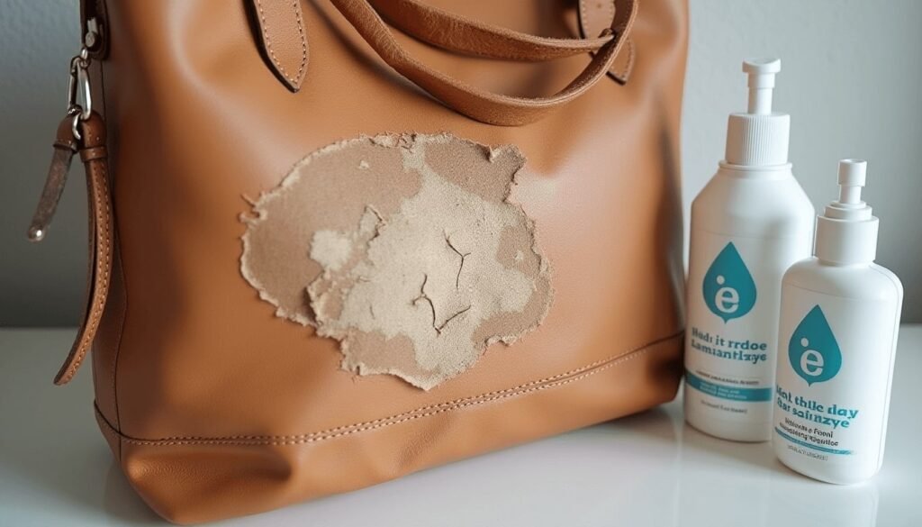 Liquids that damage leather: Alcohol-based products next to a leather bag showing damaged spots