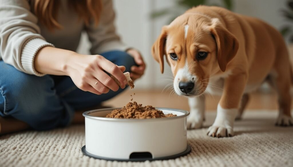 Mixing Yunnan Baiyao herbal medicine into dog food.