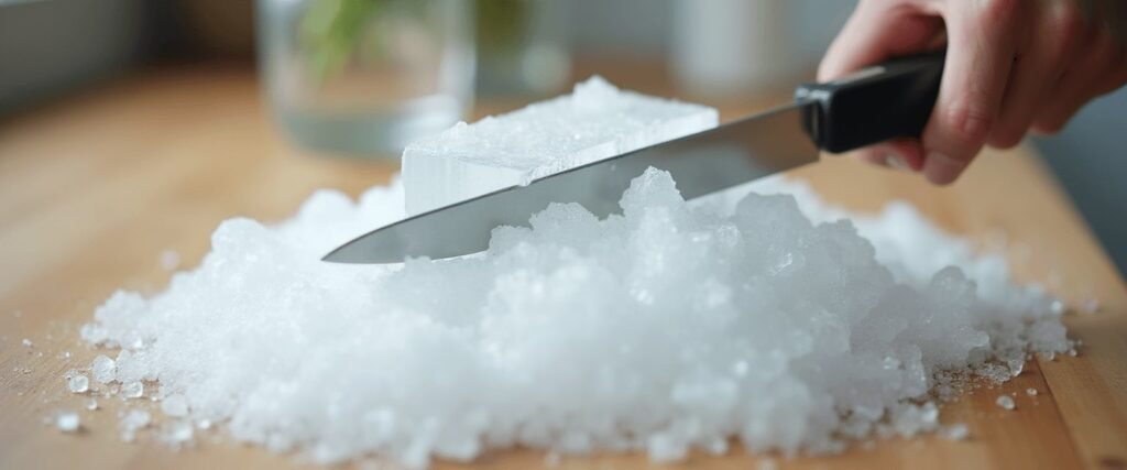 slicing a block of ice on a wooden surface, creating a pile of finely crushed ice.