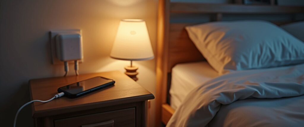 Phone charger placed safely on nightstand away from child's bed for phone charger safety for kids
