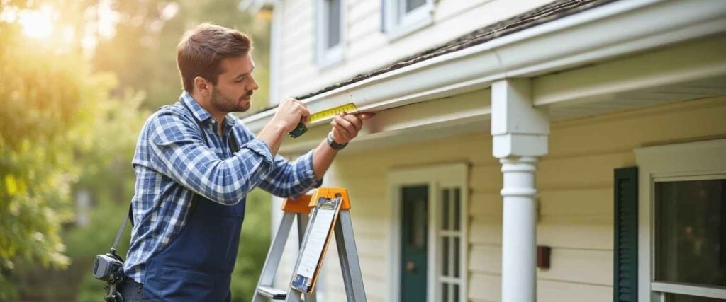 A homeowner measures the roofline with a tape measure while planning gutter placement.