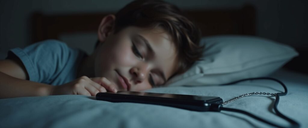 Child sleeping near loose phone charger highlighting risks in phone charger safety for kids