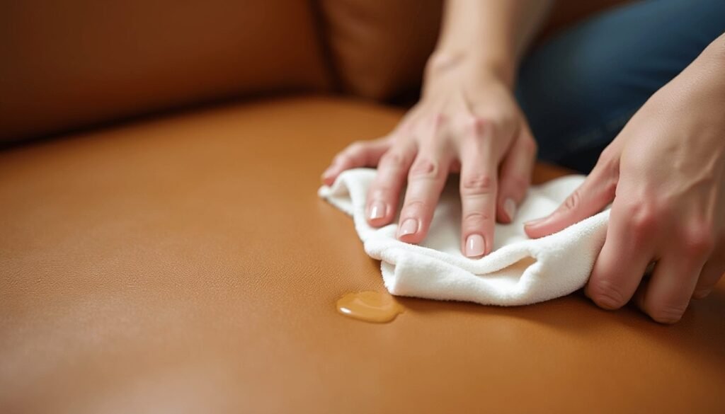 Best household cleaner for leather couch: water spill on a tan leather couch