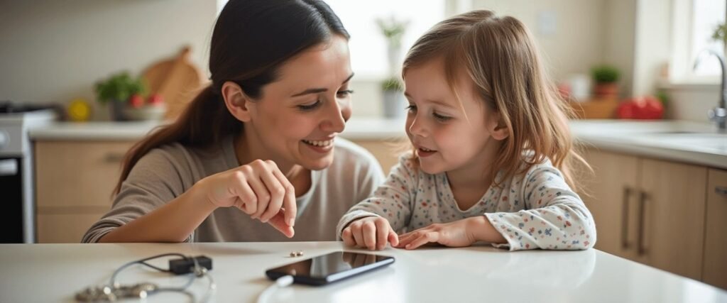 Parent teaching child about phone charger safety for kids by unplugging device