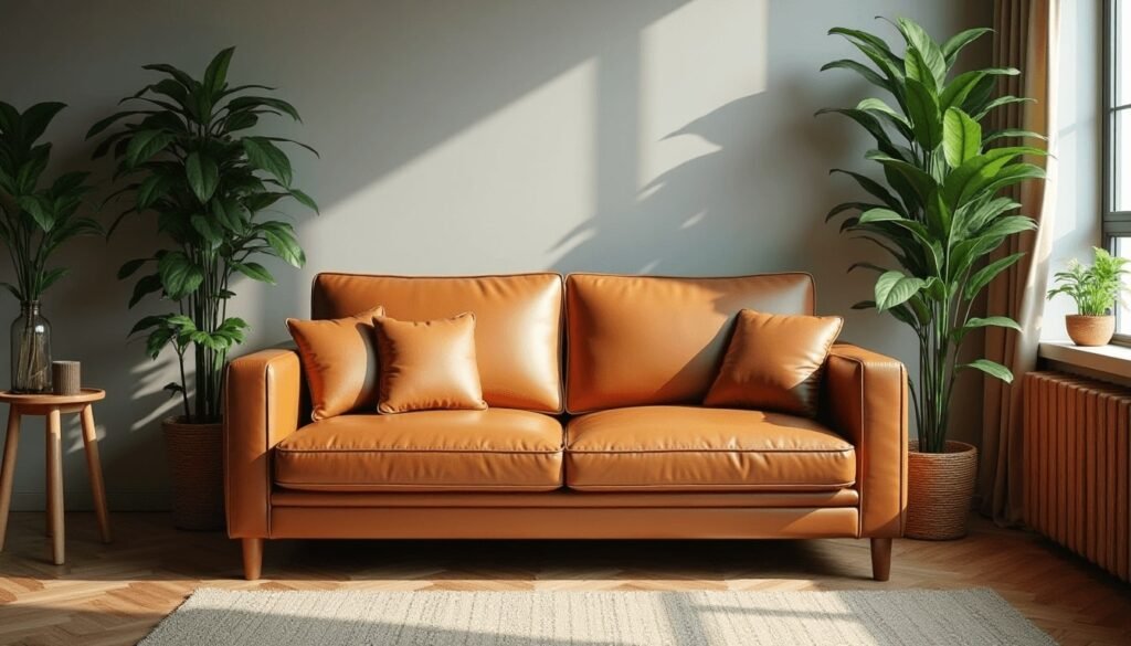 how to clean a leather settee: Well-maintained tan leather sofa in a modern living room with natural lighting