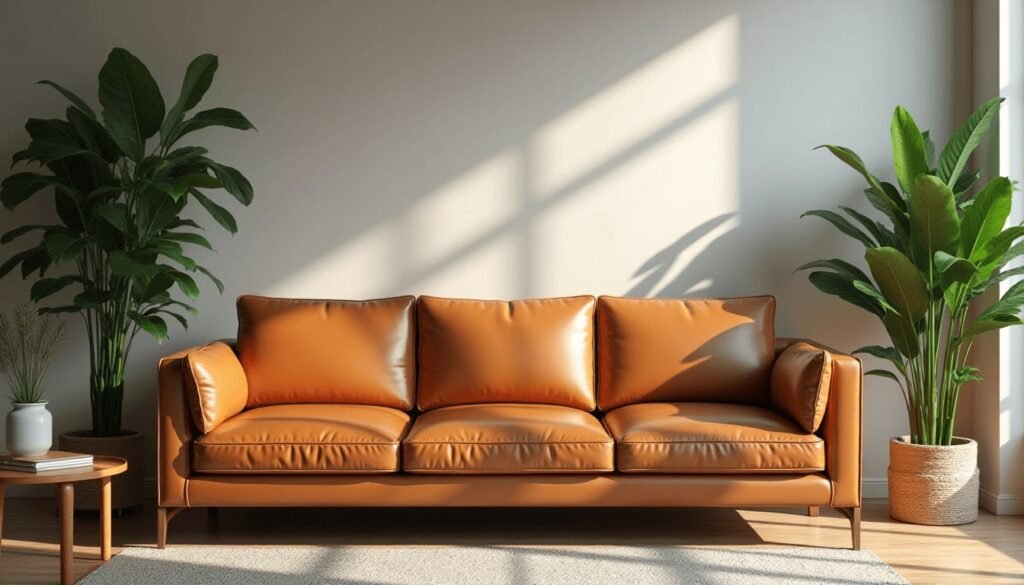 Brown leather sofa in a warm, modern open-plan kitchen and living space