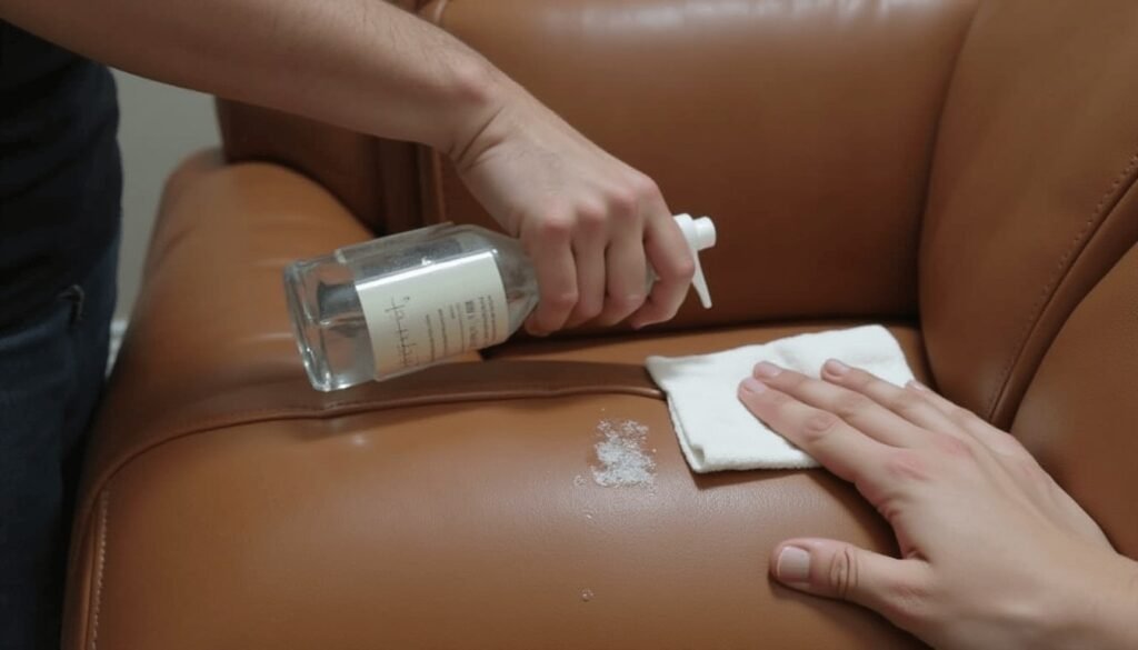 Cleaning a wet leather sofa area with a leather-safe cleaner and cloth