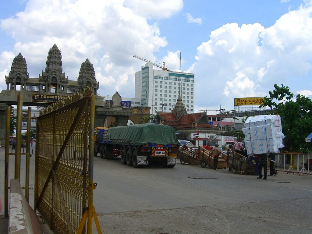 Thailand–Cambodia border checkpoint with vehicles and restricted movement