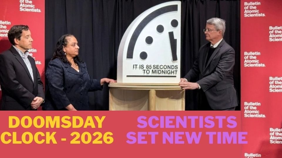 The Bulletin of the Atomic Scientists members, from left, Jon B. Wolfsthal, Asha M. George and Steve Fetter reveal the Doomsday Clock, set to 85 seconds to midnight, during a news conference on Jan. 23 in Washington, D.C.