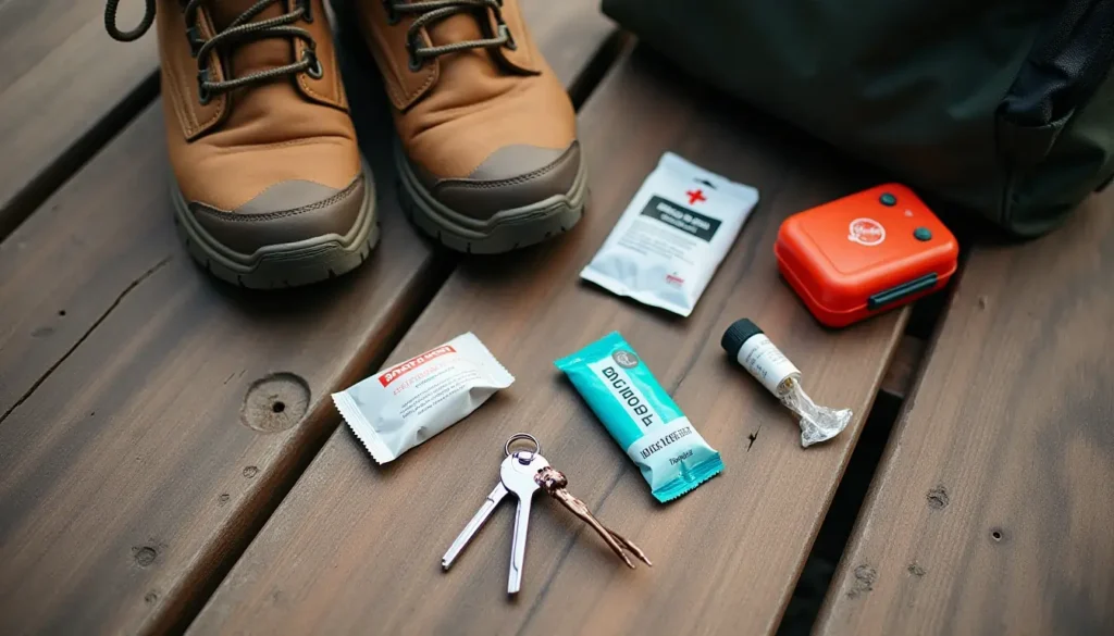 Tick key and first aid essentials arranged for safe tick removal during outdoor activities.