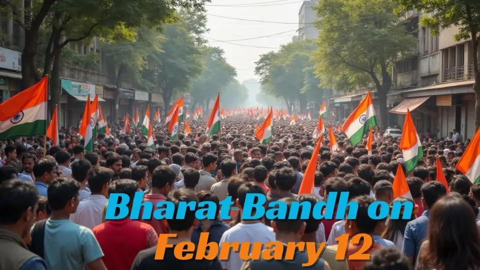 Large crowd participating in Bharat Bandh protest with closed shops in the background.
